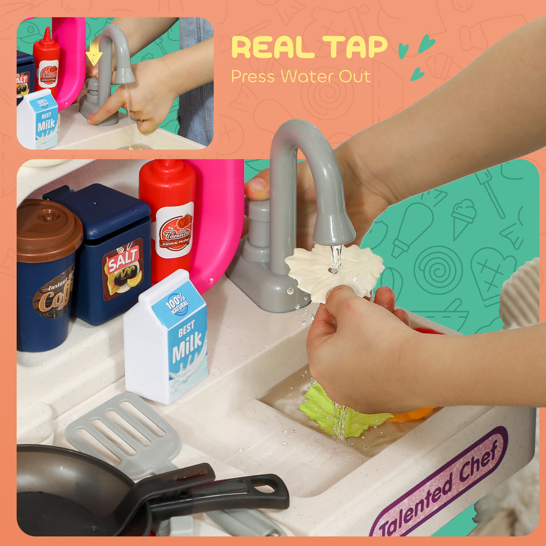 Pretend Play Kitchen Set With Realistic Lights & Sounds, 104PCS Toy Kitchen Accessories For Boys And Girls, Pink