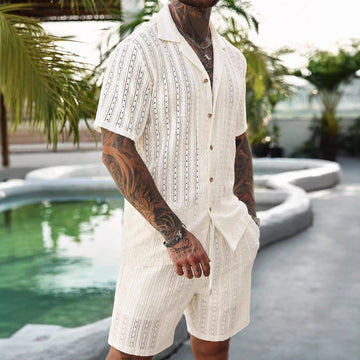 Mens Hollow-Out Breathable Short-Sleeve Shirt And Shorts Set