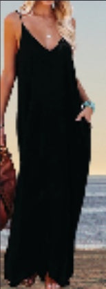 Womens Casual Strappy V Neck Sleeveless Flowy Pockets Loose Long Maxi Beach Dress Sundress