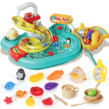 Play Sink With Running Water, 3-in-1 Toddler Kitchen Toys, Fishing Set, Tracks