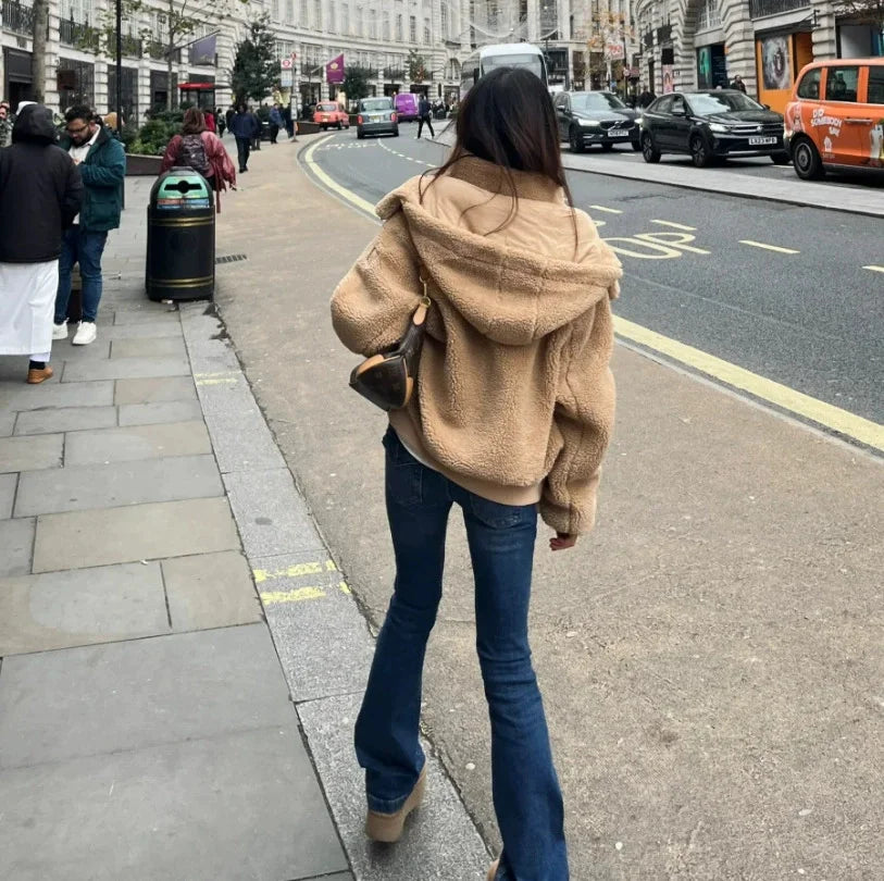 2025 Winter New Women's Fashion Long Sleeve Hoodie in 3 Colors, Short, Warm, Solid Color, Casual Zipper Coat