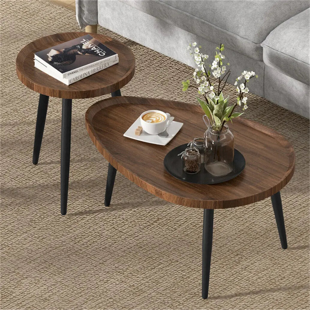 LUVODI Irregular Living Room Coffee Table Set Small Drop-shaped Solid Wooden Sofa Side End Table 2-in1 with Triangle Legs