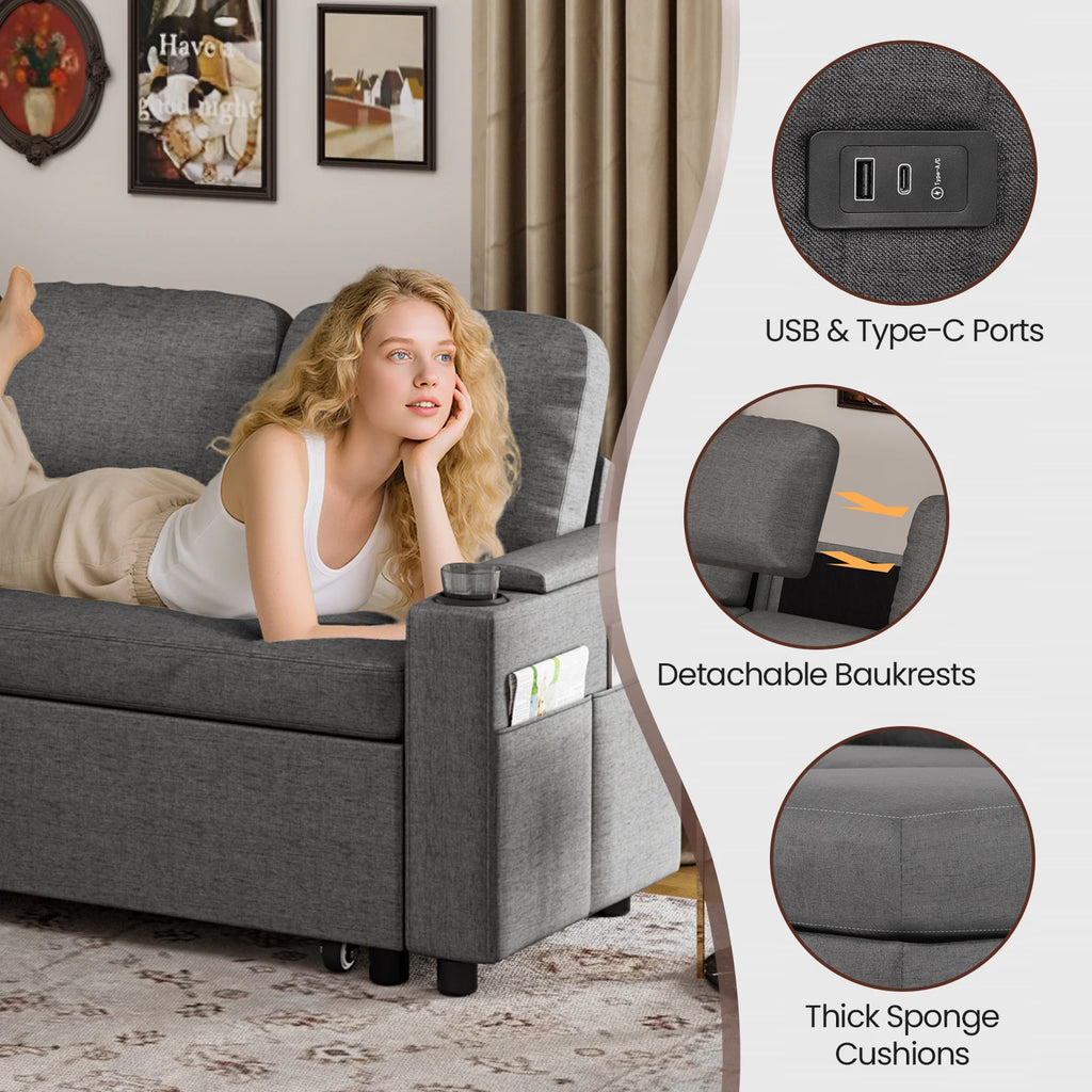Sofa Bed, L-Shaped Sleeper Sectional Couch Bed,2-in-1 Convertible Pull Out Corner Sofa with Storage, USB, Cup Holder
