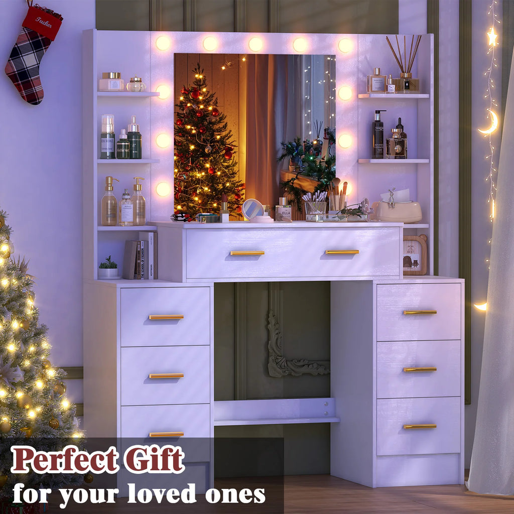 NEW 110cm Dressing Table Makeup Mirror Vanity Makeup Desk w/7 Drawers &Gold Pull