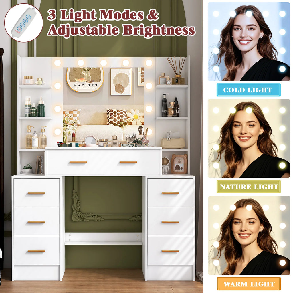 NEW 110cm Dressing Table Makeup Mirror Vanity Makeup Desk w/7 Drawers &Gold Pull