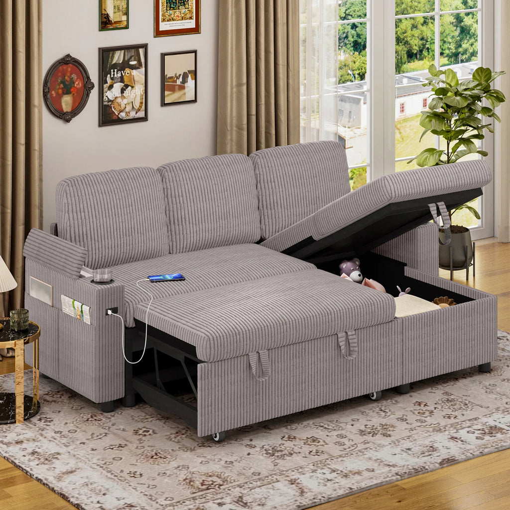 Sofa Bed, L-Shaped Sleeper Sectional Couch Bed,2-in-1 Convertible Pull Out Corner Sofa with Storage, USB, Cup Holder