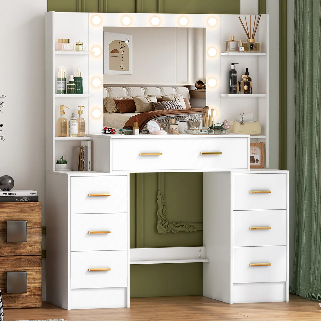 NEW 110cm Dressing Table Makeup Mirror Vanity Makeup Desk w/7 Drawers &Gold Pull