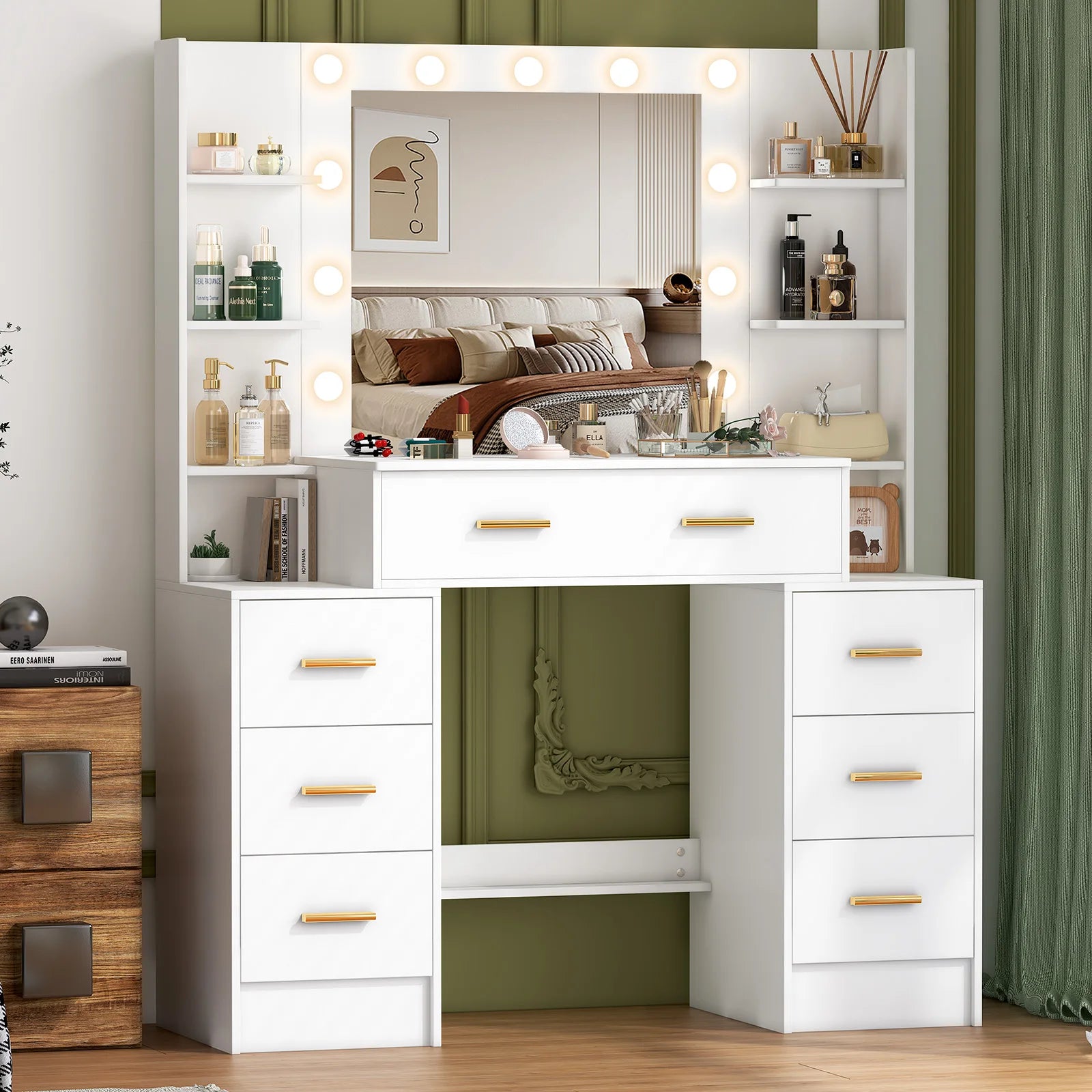 NEW 110cm Dressing Table Makeup Mirror Vanity Makeup Desk w/7 Drawers &Gold Pull