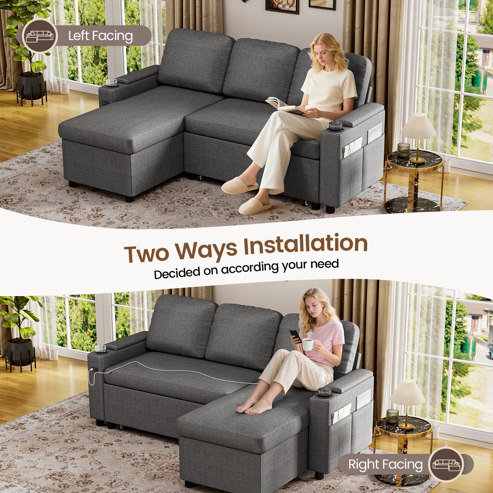 Sofa Bed, L-Shaped Sleeper Sectional Couch Bed,2-in-1 Convertible Pull Out Corner Sofa with Storage, USB, Cup Holder