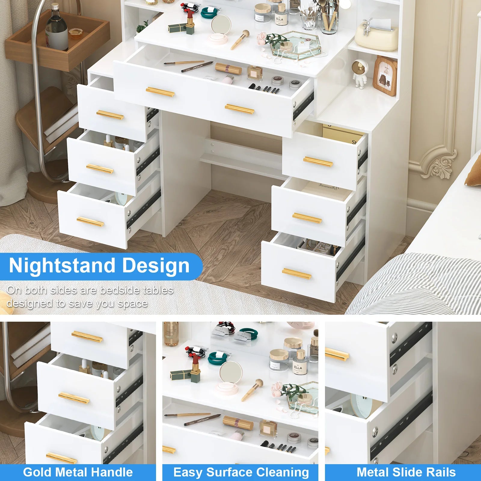 NEW 110cm Dressing Table Makeup Mirror Vanity Makeup Desk w/7 Drawers &Gold Pull