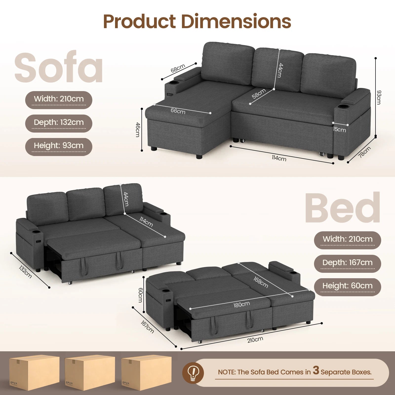 Sofa Bed, L-Shaped Sleeper Sectional Couch Bed,2-in-1 Convertible Pull Out Corner Sofa with Storage, USB, Cup Holder
