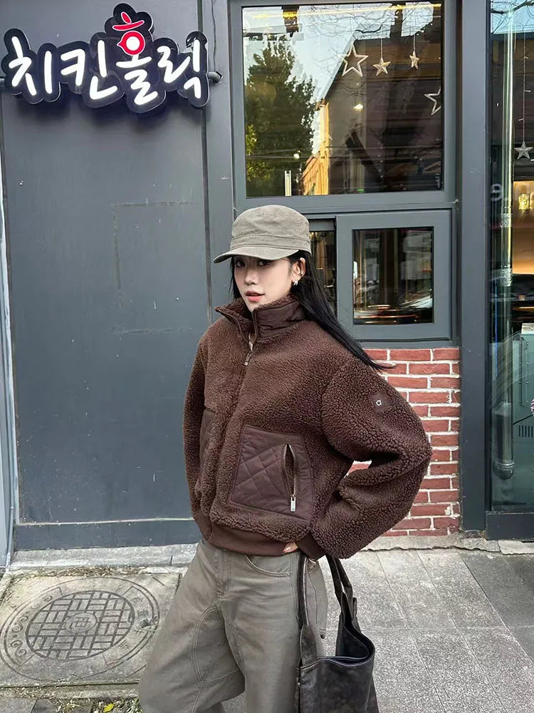 2025 Autumn and Winter New Women's Solid Color Versatile Lamb Wool Warm and Casual Zipper Long Sleeved Jacket