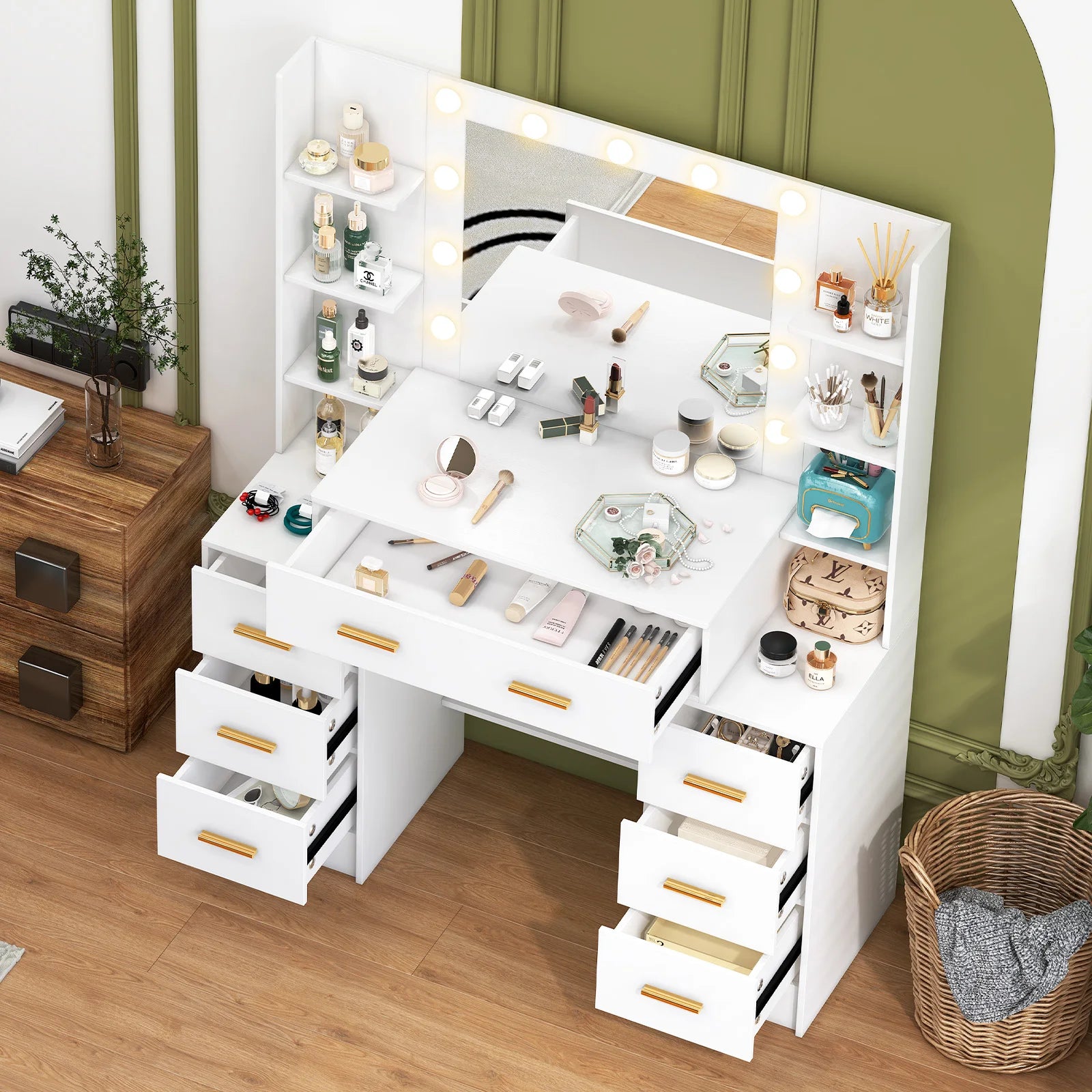 NEW 110cm Dressing Table Makeup Mirror Vanity Makeup Desk w/7 Drawers &Gold Pull