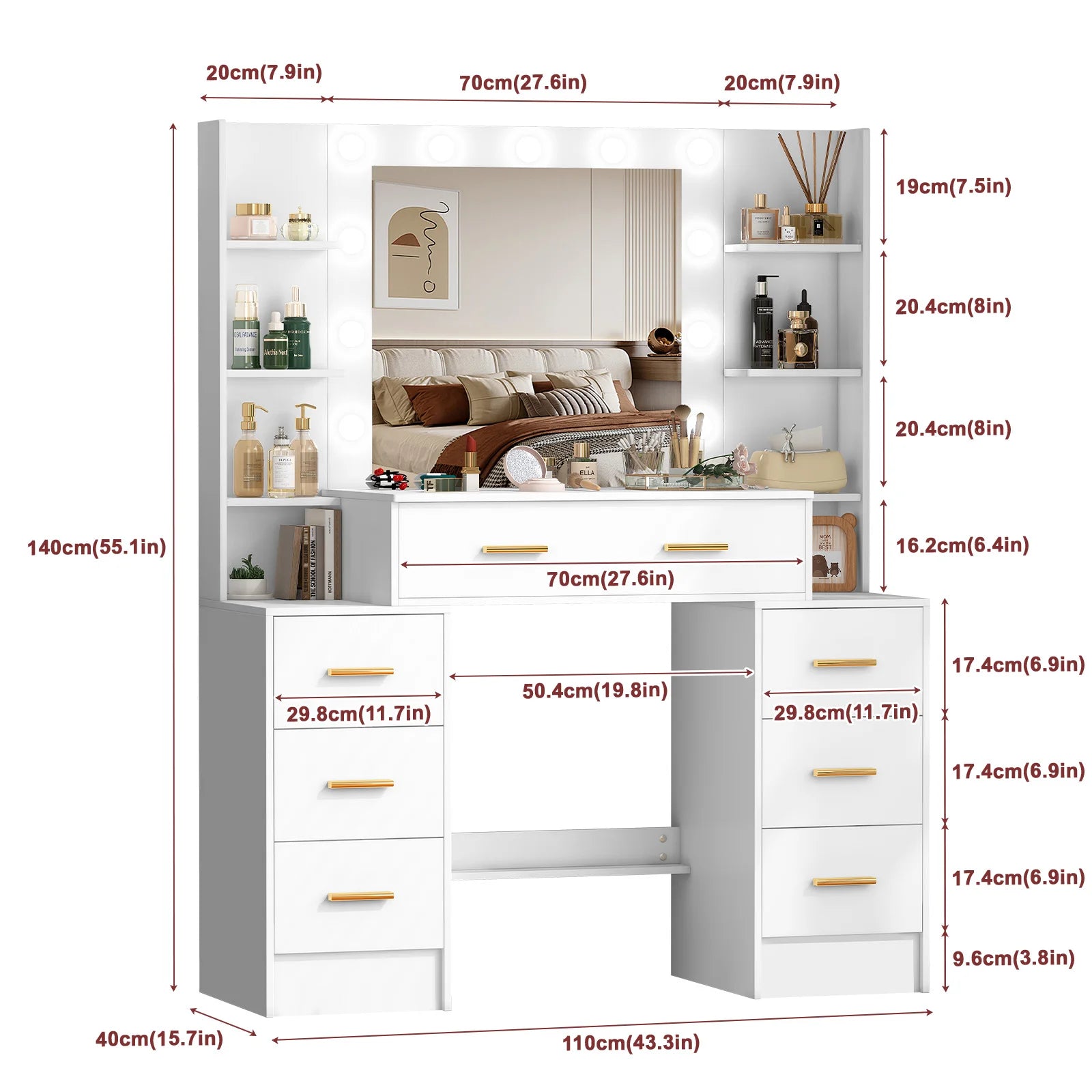 NEW 110cm Dressing Table Makeup Mirror Vanity Makeup Desk w/7 Drawers &Gold Pull