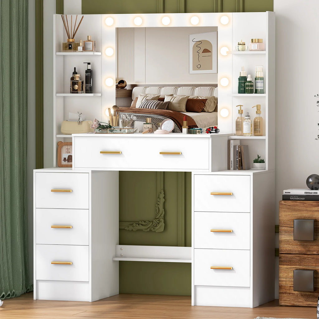 NEW 110cm Dressing Table Makeup Mirror Vanity Makeup Desk w/7 Drawers &Gold Pull