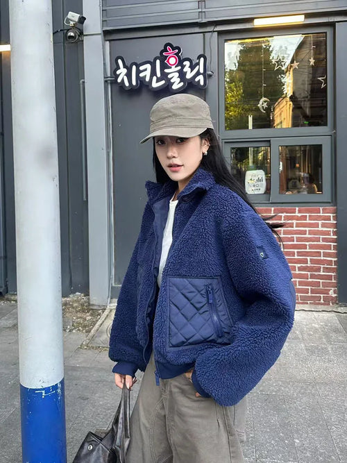 2025 Autumn and Winter New Women's Solid Color Versatile Lamb Wool Warm and Casual Zipper Long Sleeved Jacket