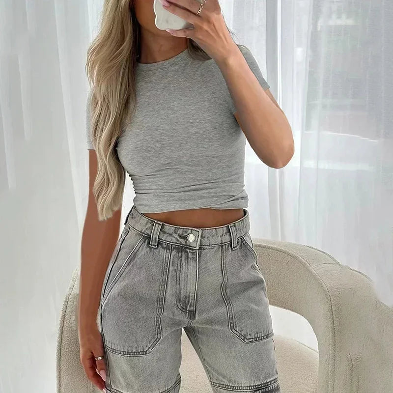 Summer New Women's Tops Casual Holiday Slim Short Sleeved Solid Minimalist T-shirt