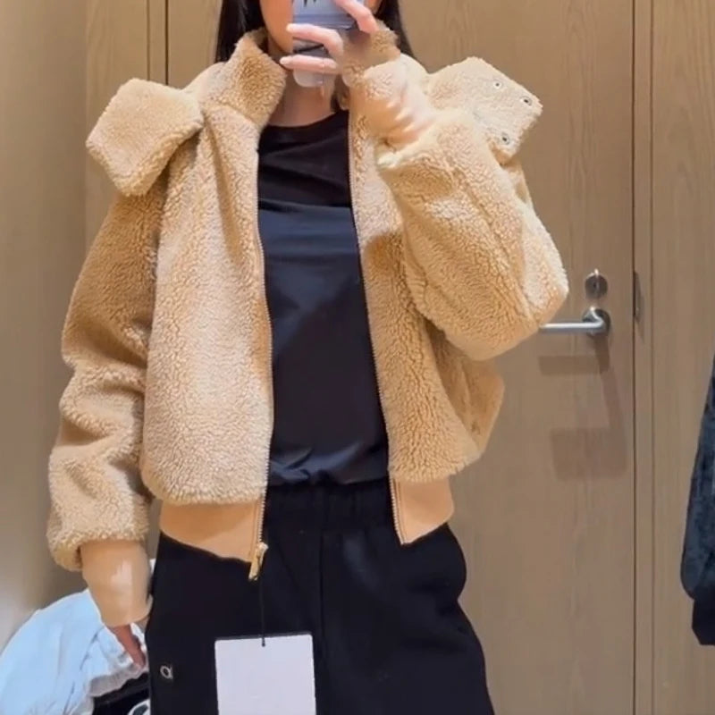 2025 Winter New Women's Fashion Long Sleeve Hoodie in 3 Colors, Short, Warm, Solid Color, Casual Zipper Coat