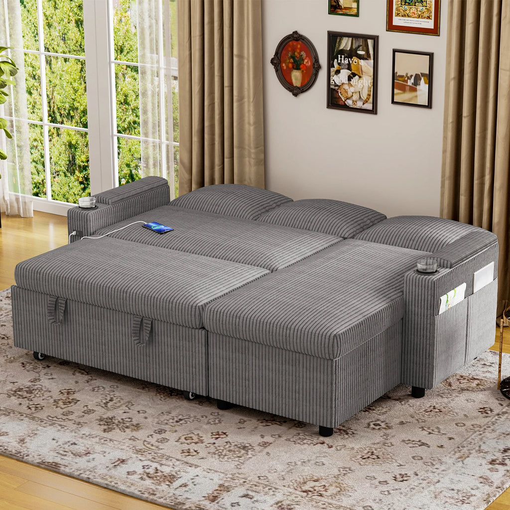 Sofa Bed, L-Shaped Sleeper Sectional Couch Bed,2-in-1 Convertible Pull Out Corner Sofa with Storage, USB, Cup Holder
