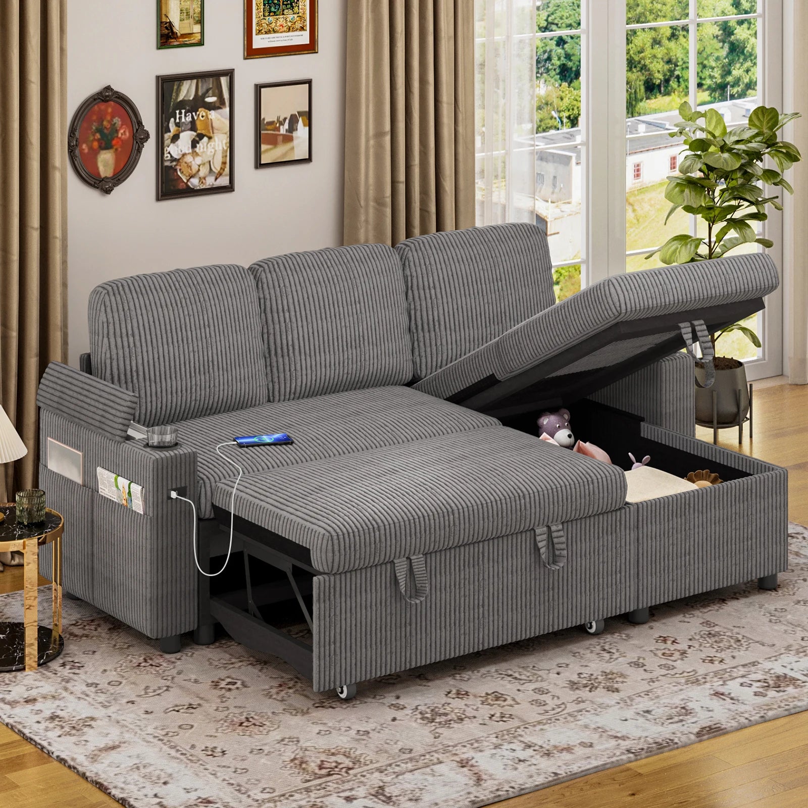 Sofa Bed, L-Shaped Sleeper Sectional Couch Bed,2-in-1 Convertible Pull Out Corner Sofa with Storage, USB, Cup Holder
