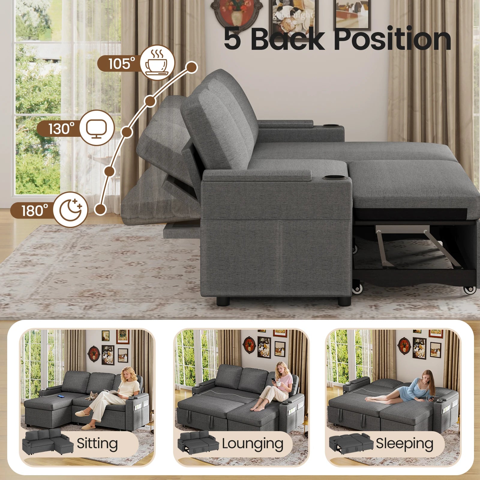 Sofa Bed, L-Shaped Sleeper Sectional Couch Bed,2-in-1 Convertible Pull Out Corner Sofa with Storage, USB, Cup Holder