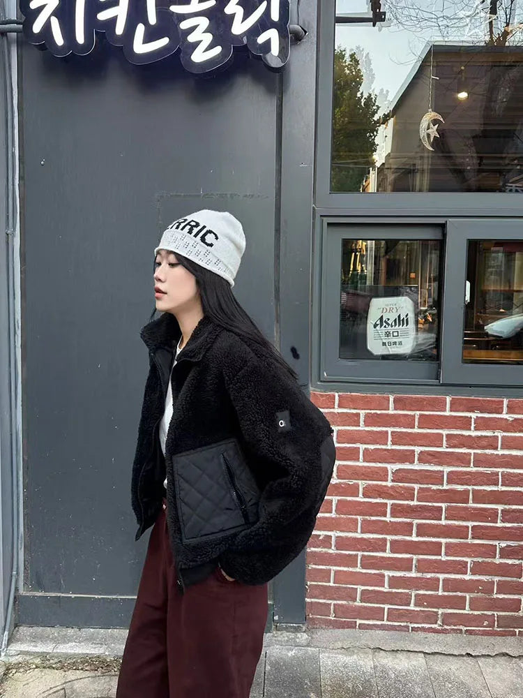 2025 Autumn and Winter New Women's Solid Color Versatile Lamb Wool Warm and Casual Zipper Long Sleeved Jacket