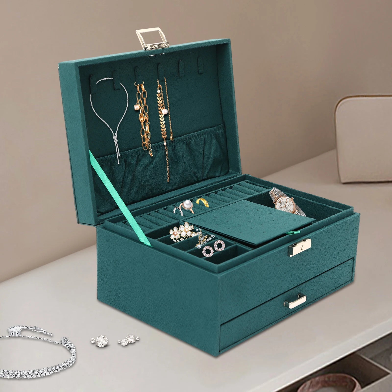 3-Tier Dark Green Jewelry Box Organizer with 15 Ring Slots 10 Earring Hooks 18 Stud Holes Drawers for Necklace Bracelet Watch