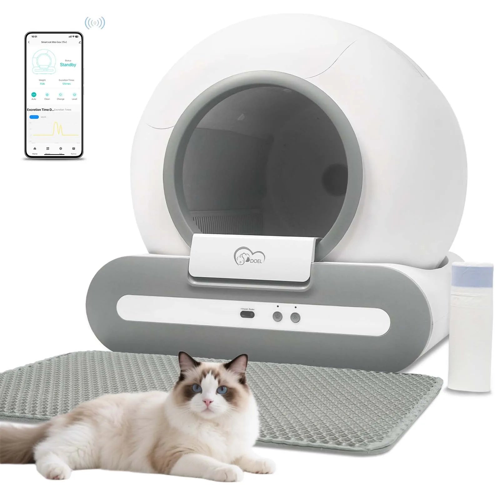65L Self-Cleaning Cat Litter Box App Control, ONLY Supports 2.4G WiFi w/Litter Mat&Trash Bags, Fit for Tofu & Mixed Litter