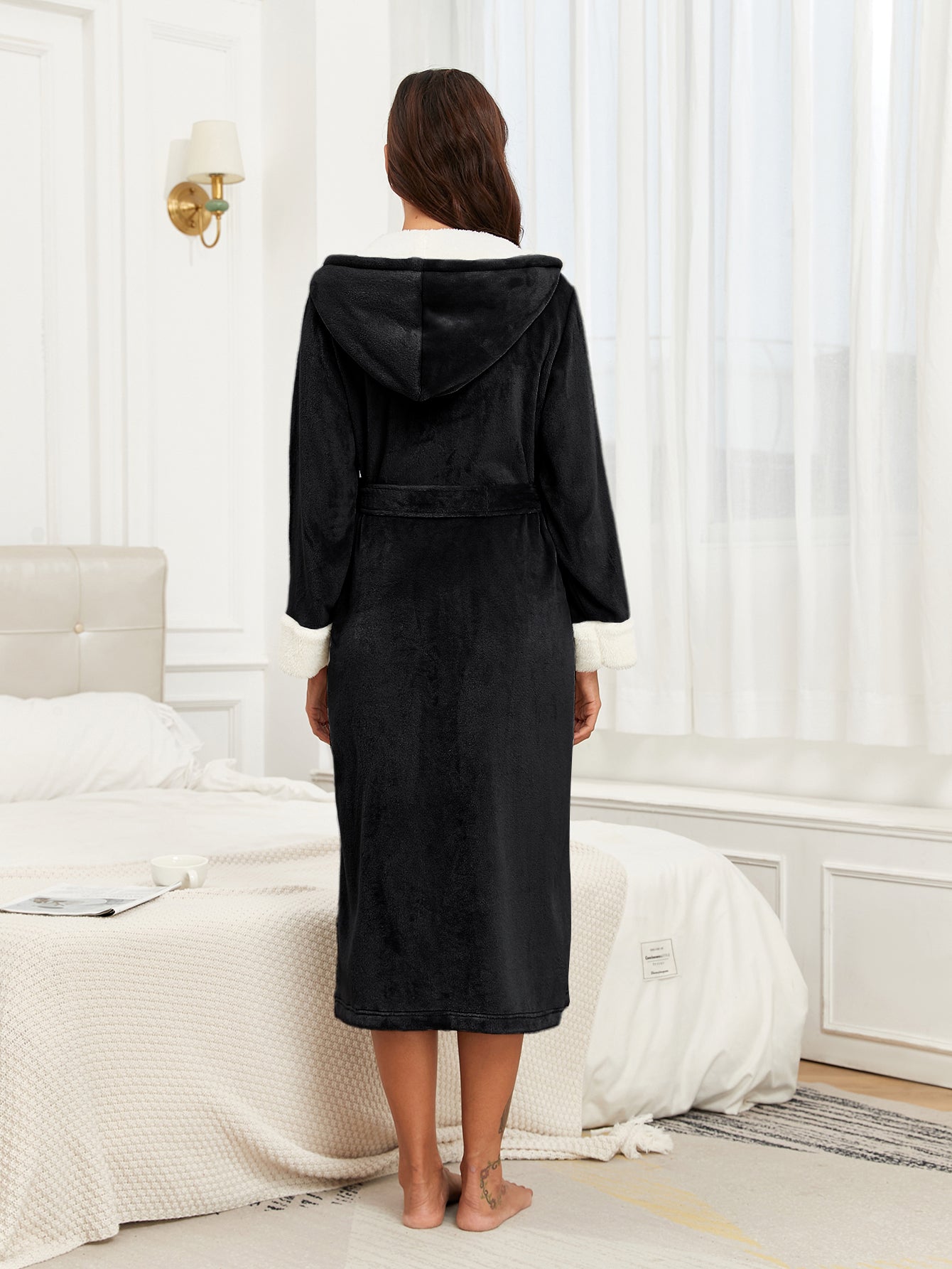 Womens Plush Fleece Hooded Bathrobe, Thick Nightgown Long Robe Sleepwear With Two Side Pockets And Belt