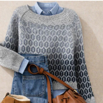 Retro Crew-Neck Knit Sweater From Europe And The US Casual Relaxed Fit Color-Block Long-Sleeve Pullover