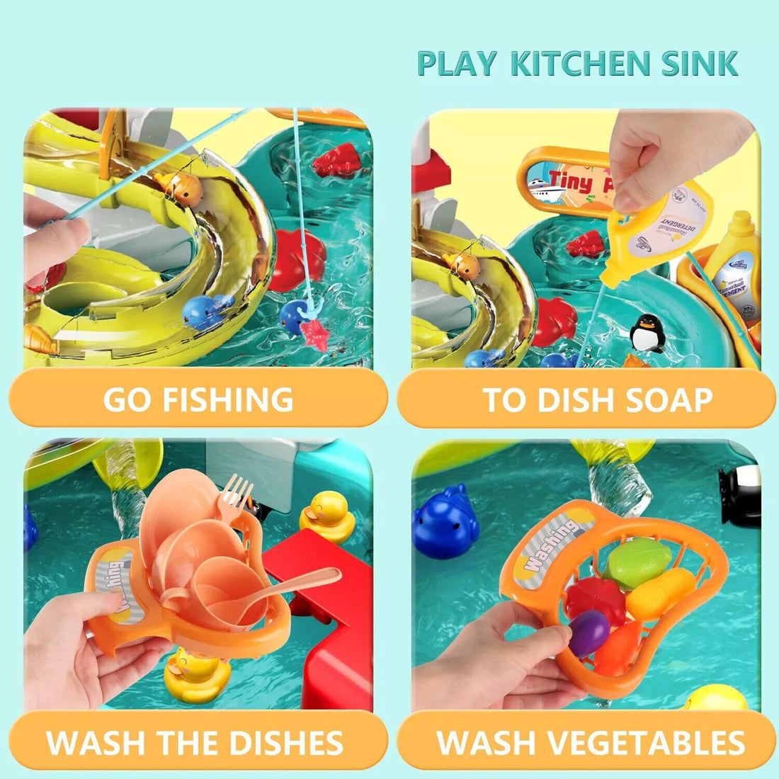 Play Sink With Running Water, 3-in-1 Toddler Kitchen Toys, Fishing Set, Tracks