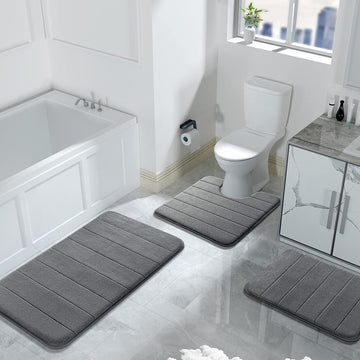 MEMORY FOAM BATH MAT PEDESTAL SET NON SLIP TOILET BATHROOM CONTOUR RUGS 3 PIECE--Grey