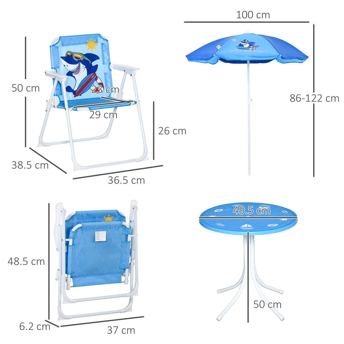 Kids Outdoor Bistro Table And Chair Set, Folding Garden Furniture W/ Shark Design, Removable, Adjustable Sun Umbrella, Ages 3-6 Years - Blue